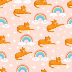 Obraz premium Seamless texture with ginger cat, clouds and stars and a rainbow for textiles, fabric. Vector illustration of the pattern.
