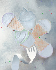 paper craft, the fork bent under the weight of sweets - cupcakes and ice cream