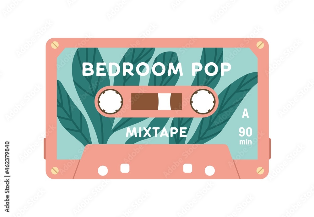 Poster audio cassette with pop music records. retro magnetic mixtape. old analog tape casette. compact audi