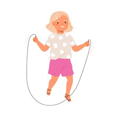 Happy girl jumping with skipping or jump rope. Little active kid having fun, doing cardio exercise. Healthy hobby and entertainment of child. Flat vector illustration isolated on white background - obrazy, fototapety, plakaty