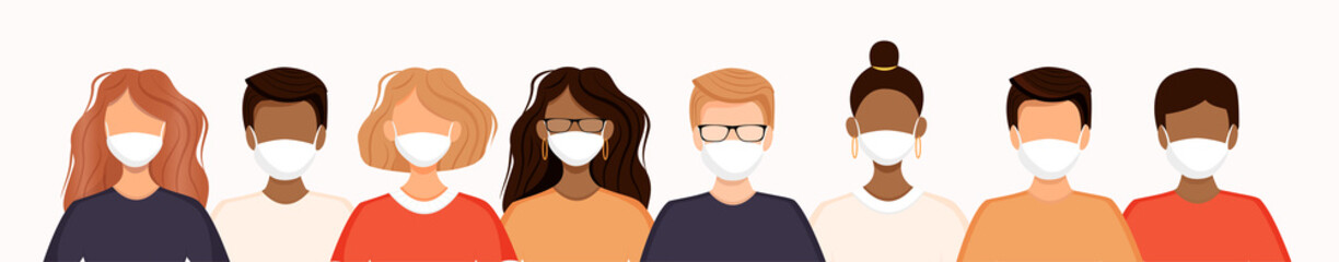 Group of men and women stand in a row wearing medical masks to prevent coronavirus, flu, air pollution, viruses and disease. Social diversity. Vector illustration. No face.