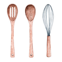 Watercolor set wooden kitchen utensils isolated on white background. Vintage cooking accessories. Spoon, whisk.