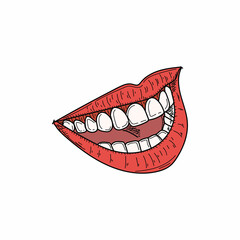 Drawing, engraving, ink, line art, vector illustration laughing mouth with great teeth colored sketch in silhouette on a white background.