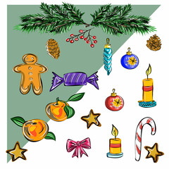 Merry Christmas and a Happy New Year design for banner, frame. Christmas ginger bread, candles, lollipops, tree branches, tree toys, oranges, gifts. Isolated vector objects.