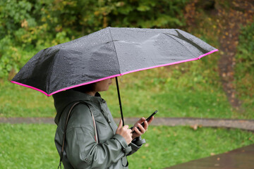 Rain in a city, woman in coat with umbrella standing in autumn park with smartphone in hand. Rainy weather, heavy rainfall