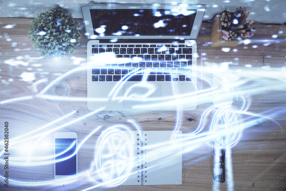 Aufkleber auto pilot hologram drawing over computer on the desktop background. top view. double exposure. tech
