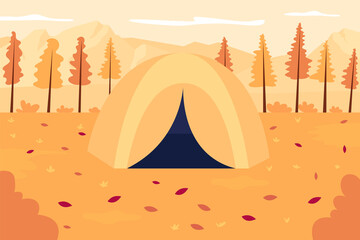 Autumn outdoor recreation flat color vector illustration. Tent in seasonal scenery. Expedition to fall woods. Seasonal hiking. Autumnal 2D cartoon landscape with no people on background