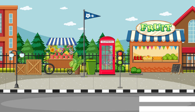 Street side scene with flower cart and fruit shop scene
