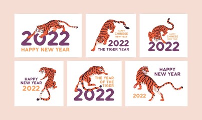 Happy New Year postcards designs with Chinese tiger, 2022 zodiac symbol. Square and horizontal post cards set with oriental Asian wild animal, striped mascot. Colored flat graphic vector illustrations