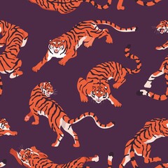 Seamless pattern with Bengal tigers. Repeating background with angry wild feline animal in motion, crawling and roaring. Endless printable texture design for printing. Colored flat vector illustration
