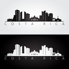 Fototapeta premium Costa Rica skyline and landmarks silhouette, black and white design, vector illustration.