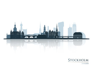 Stockholm skyline silhouette with reflection. Landscape Stockholm, Sweden. Vector illustration.