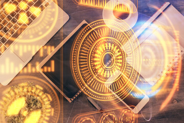 Multi exposure of technology theme drawing over table with phone. Top view. Concept of hightech.