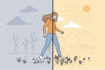 Variety of nature weather concept. Young woman cartoon character making step from gloomy grey rainy weather to sunny clear day vector illustration 