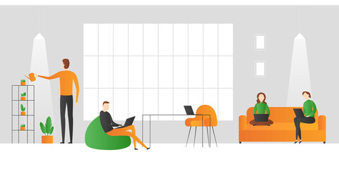 Office people with laptops sitting in bag chair and couch. Vector illustration.