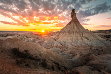 Fototapeta premium Castildetierra famous geological formation while sunset at Bardenas Reales dessert in Navarra, Basque Country.