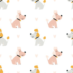 poodle pattern. Cute seamless cartoon background. Stylized dogs on light background. Minimalist modern print. Vector illustration, doodle
