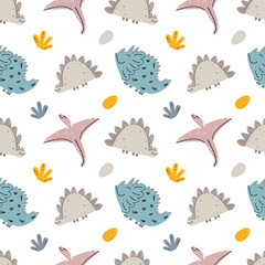 Cute baby pattern with dinosaurs, reptiles. Seamless background. Stylish ornament in Scandinavian style. Endless printing on fabric, children's textiles. Vector illustration, hand drawn