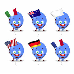 Blue balloons cartoon character bring the flags of various countries