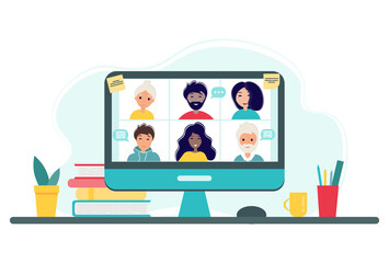Online meeting via group call. Home office concept with monitor, plant and cup. Group of people doing video conference. Vector illustration in flat style. Stay at home. Self-isolation.