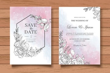 Hand Drawn Floral Wedding Invitation Card with Wooden Background