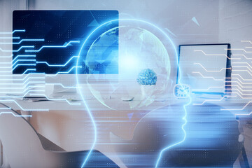 Multi exposure of brain drawing and office interior background. Concept of data technology.