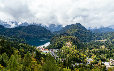 areal view or view from the balcony of Neuschwanstein castle, view over the Alpsee lake Hohenschwangau