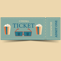 Cinema ticket with popcorn and glasses, retro colors
