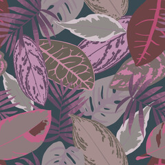 Tropical seamless pattern. Modern hand drawn background with colorful leaves.