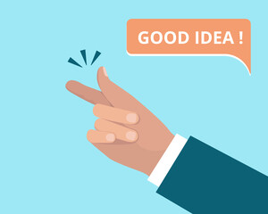 Finger snap. The gesture of the hand snapping the fingers. Phrase Good idea. Gesture expression. The concept of an easy solution, a great idea. Flat vector illustration