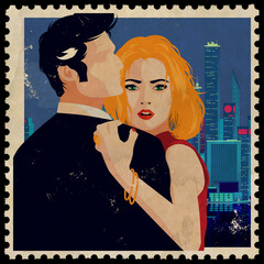 Postage stamp with fashion woman in style pop art. Vintage illustration