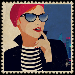 Postage stamp with fashion woman in style pop art. Vintage illustration