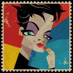 Postage stamp with fashion woman in style pop art. Vintage illustration - 462386034