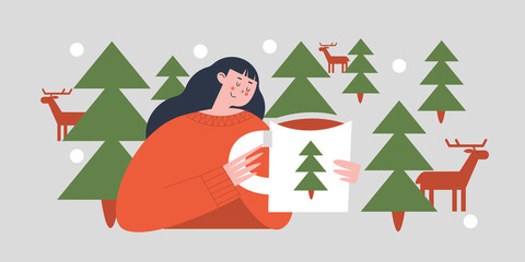 A nice girl with a mug of tea. Vector Christmas illustration. - 462386267