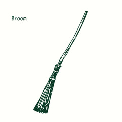 Broom. Ink black and white doodle drawing in woodcut style.