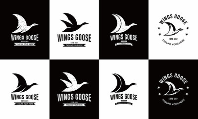 Set of flying goose silhouette vector logo isolated on on a black and white background.