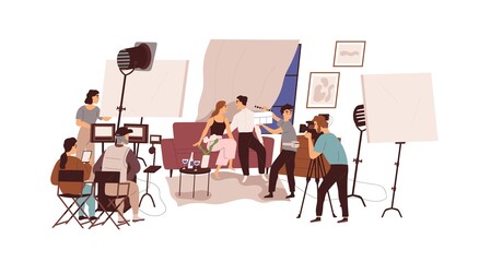 Director, cameraman and actors at film-making process, shooting love scene of melodrama movie. Backstage of video production crew at work. Flat graphic vector illustration isolated on white background - obrazy, fototapety, plakaty