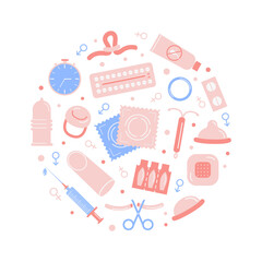 Birth control methods. Contraception colored flat icons in circle. Set of vector elements for safe sex. Female and male contraceptive items. Vector flat style illustration.