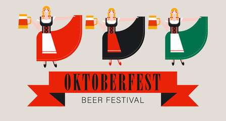 Oktoberfest. Beer festival in Germany. German blonde girls in national costumes with beer mugs. Vector illustration in a flat style.