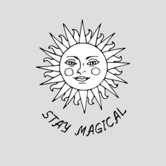 Vintage Mystic Golden Sun Illustration with Lettering Stay Magical