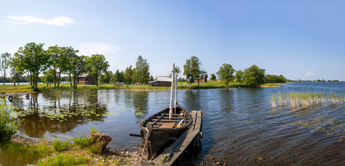 Traditional Karelian boat on the shore of Lake Onega. Kizhi Island. Republic of Karelia. Russia