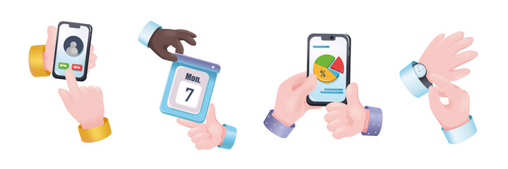 Planning graphic concept hands set. Human hands holding mobile phone and making calls, events on calendar, analyzing data, watch, time management. Vector illustration with 3d realistic objects