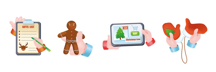 Christmas holiday graphic concept hands set. Human hands holding gift list on tablet, gingerbread, mittens, online app of holiday store. Xmas symbols. Vector illustration with 3d realistic objects