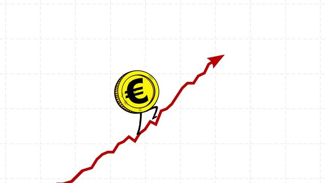 Euro dollar rate still goes up seamless loop. Walking up coin. Bitcoin character rising fast. Funny business cartoon.