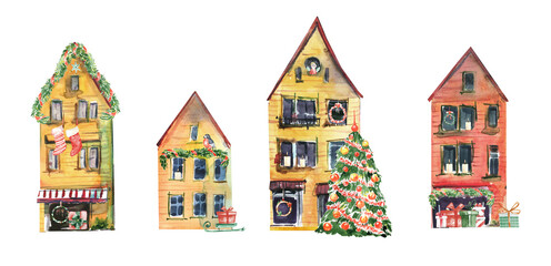 Fototapeta na wymiar Watercolor winter houses, Christmas decorated street, Christmas decor illustration, Gifts and Christmas tree cute houses fr greeting card