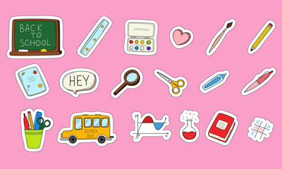 School stickers with a white outline. Printable scrapbooking sticker set. Collection of school stationery items in doodle style. Hand colored elements