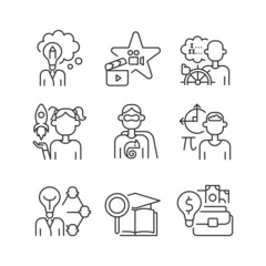 Vocation linear icons set. Professional and educational abilities. Networking, entrepreneurship talent. Customizable thin line contour symbols. Isolated vector outline illustrations. Editable stroke