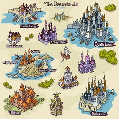 Map builder settlement illustrations from H. P. Lovecraft fiction realm word The Dreamlands - obrazy, fototapety, plakaty
