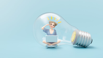 little girl getting creative idea Using computer, in light bulb. Blue laptop is placed on lap. cartoon character, Minimal idea concept, 3d rendering