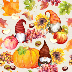 Gnomes in Thanksgiving - pumpkin, sunflowers, autumn leaves, vegetables. Thanks giving watercolor seamless pattern. Holiday repeating backdrop